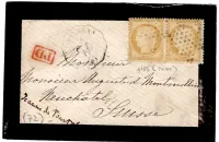N°55 PAIRE PETITE LETTRE DEUIL ETOILE MUETTE CONVOYEUR STATION DOURDAN P.T POUR SUISSE 1874
