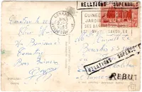 AOF 10FR SEUL CARTE CONAKRY GUINEE FRANCAISE 22.5.1955 POUR MORBIHAN + REBUT RELATIONS SUSPENDUES