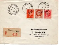 LIBERATION BORDEAUX  PETAIN 70C+1FR50 BRUN + 2F40 LETTRE REC BORDEAUX 7.9.1944