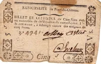 PUY DE DOME BILLET DE CONFIANCE CINQ SOUS MUNICIPALITE DU PONT DE CHATEAU ECHANGE CONTRE ASSIGNAT