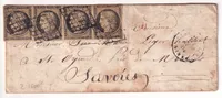 N°3 BANDE DE 4 GRILLE PARIS BUREAU J 16 JUIN 1849 POUR MOUTIERS SAVOIE ETATS SARDES