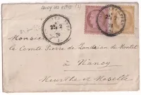 N°54 55 CAD TYPE 24 COUCY LES EPPES AISNES 2 JANVIER 1876 POUR NANCY MEURTHE ET MOSELLE