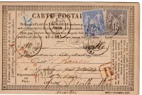 SAGE 15C+25C CARTE PRECURSEUR REC ROUEN 1877 POUR LYAUD HAUTE SAVOIE RETOUR 3949 REFUSE DIVILLE MARTIN