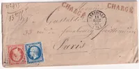 N°14 + 16 PC 1 ABBEVILLE SOMME LETTRE CHARGE POUR PARIS 1857 DOUBLE PORT PODS 13GR55